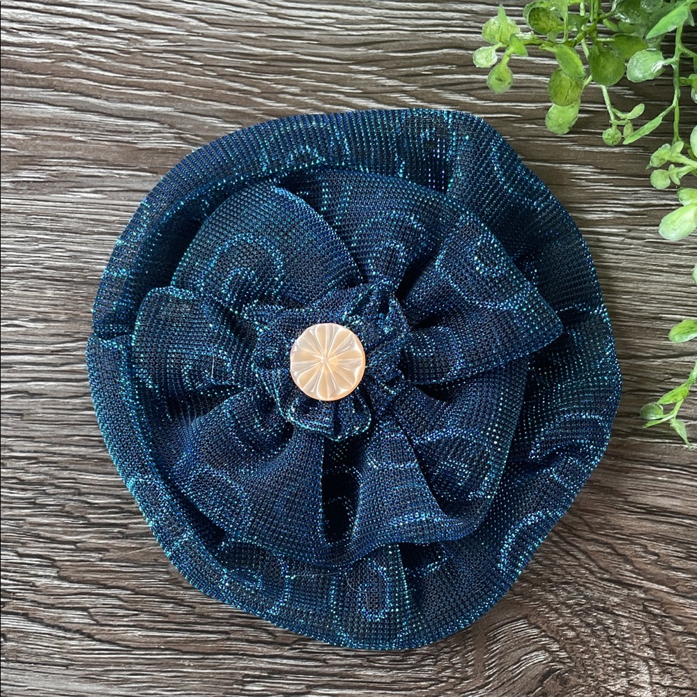 Sparkling Blue Tulle Flower Hair Clip with Pink Button Accent